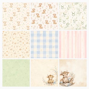 Taurus Baby Nursery Digital Paper Pack, Watercolor Calf, Zodiac Scrapbook Papers (Digital Download) preview 3