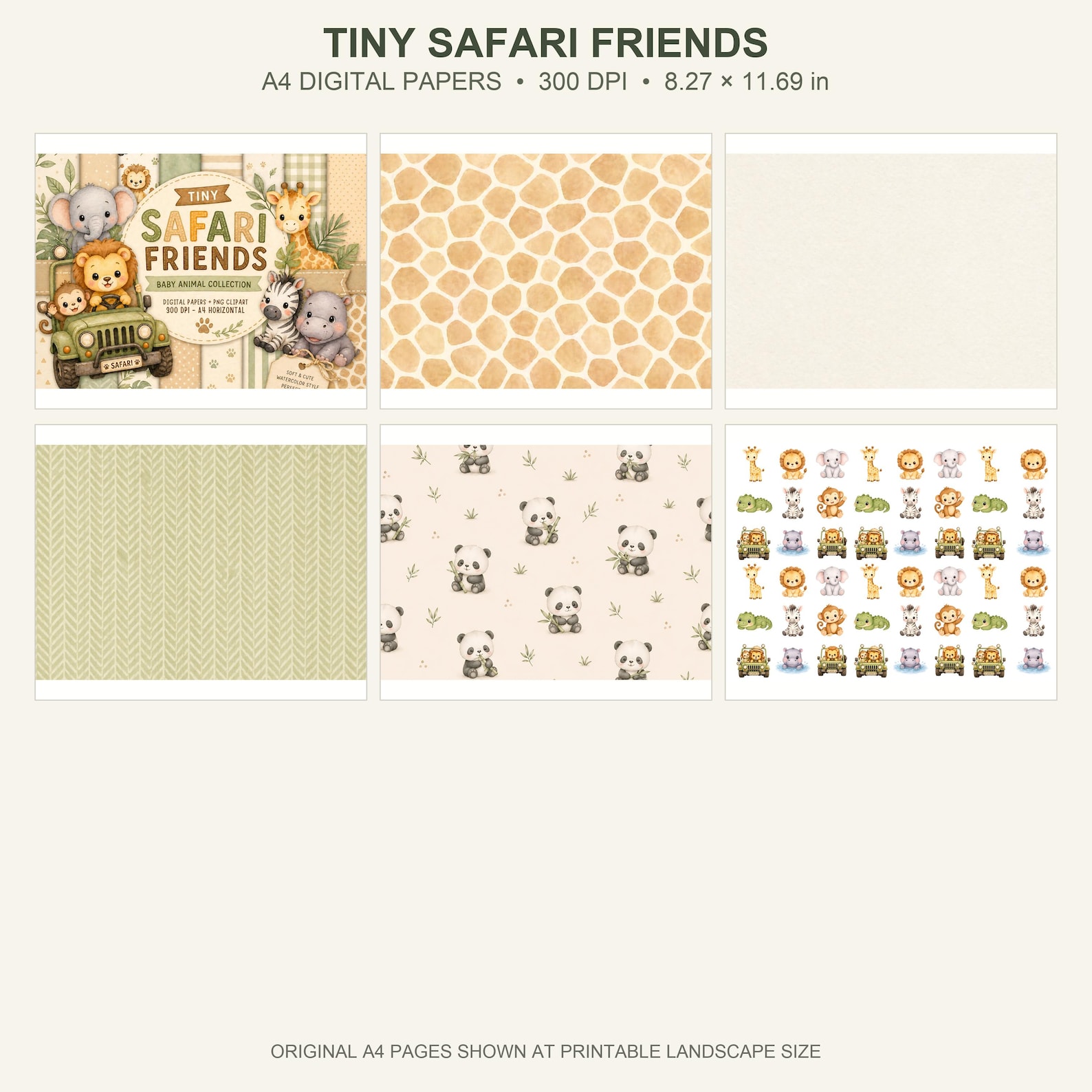Tiny Safari Friends Digital Paper Pack | Baby Animals Watercolor Patterns (Digital Download) A4 PDF
