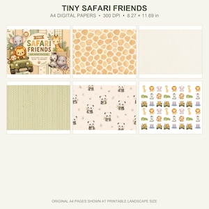Puede incluir: Una colección de papeles digitales titulada TINY SAFARI FRIENDS, con hojas tamaño A4 de 21,0 x 29,7 cm. Los diseños incluyen un jeep de safari con animales bebés, estampado de jirafa, crema sólido, espiga verde, pandas e iconos de animales.