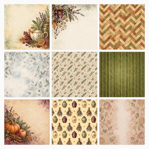 May include: A collection of nine decorative paper sheets featuring various patterns including autumn botanical arrangements with teapots and pumpkins, a woven herringbone texture, green vertical stripes, and repeating motifs of herbs and jars.