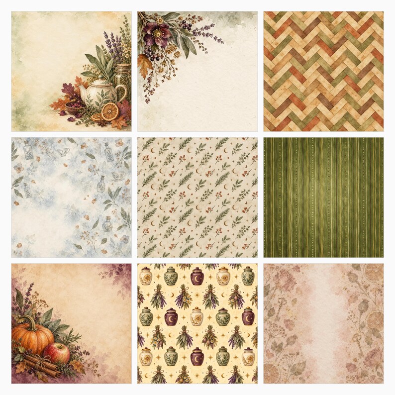May include: A collection of nine decorative paper sheets featuring various patterns including autumn botanical arrangements with teapots and pumpkins, a woven herringbone texture, green vertical stripes, and repeating motifs of herbs and jars.