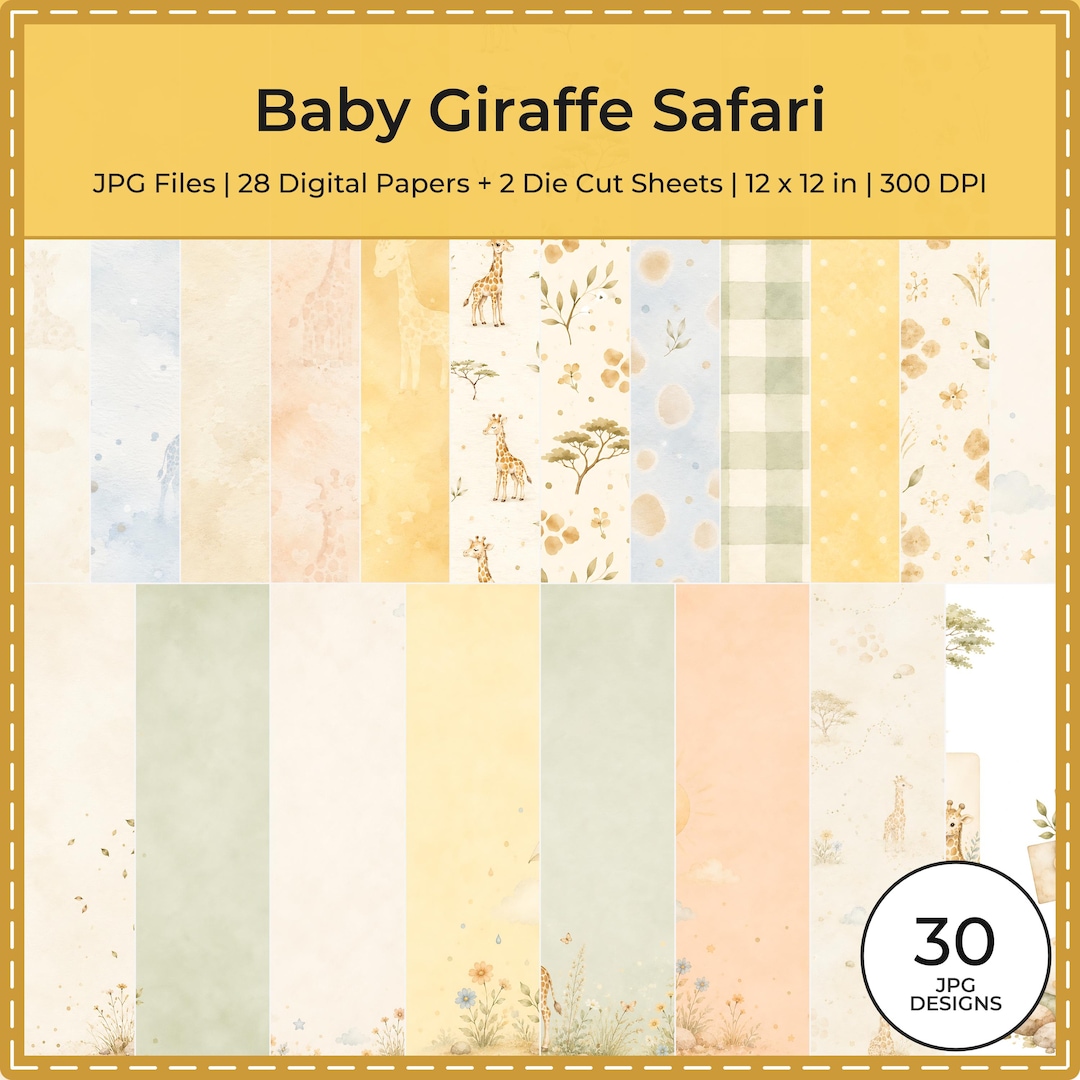 Baby Giraffe Safari Digital Papers, Watercolor Nursery Scrapbook Pages (Digital Download)