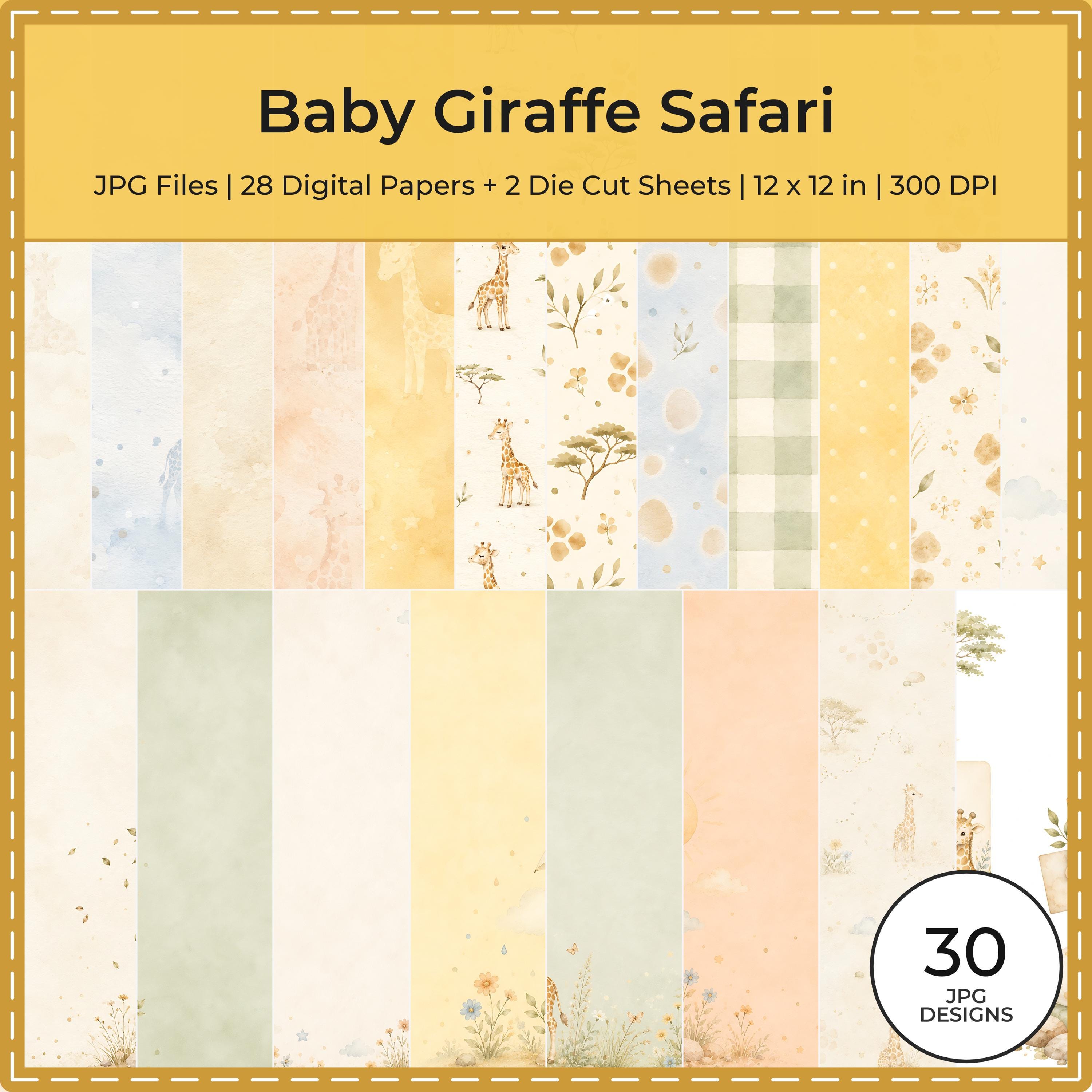 Baby Giraffe Safari Digital Papers, Watercolor Nursery Scrapbook Pages