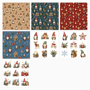 Puede incluir: Una colecci&oacute;n de siete patrones digitales y elementos gr&aacute;ficos individuales con temas navide&ntilde;os. Los dise&ntilde;os incluyen gnomos, peque&ntilde;as casas de madera, ciervos, ardillas, manoplas, velas, ramas de pino y copos de nieve sobre fondos beige, azules y rojos.
