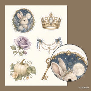 Peut inclure: Une planche d'autocollants avec un lapin dans un cadre dor&eacute;, une couronne dor&eacute;e, une rose lavande, une guirlande de perles avec des n&oelig;uds bleus, une citrouille et une cl&eacute; dor&eacute;e. Un encart circulaire montre le lapin avec lune et &eacute;toiles.