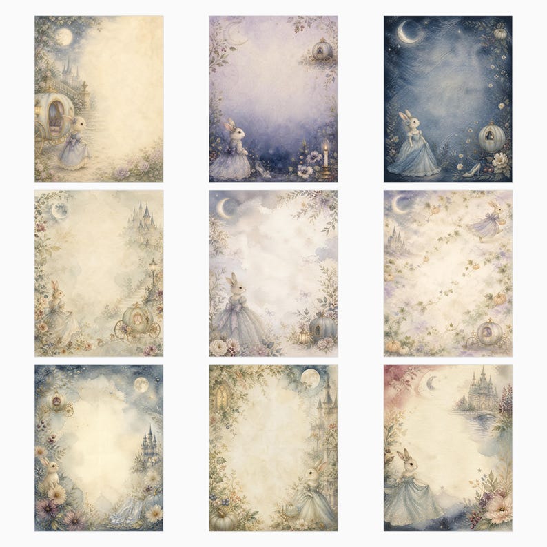 Peut inclure: Un ensemble de neuf feuilles de papeterie rectangulaires pr&eacute;sentant des illustrations &agrave; l'aquarelle de lapins en robe, de carrosses, de ch&acirc;teaux, de lunes et de motifs floraux dans des tons de bleu, cr&egrave;me et violet avec des zones centrales vierges.