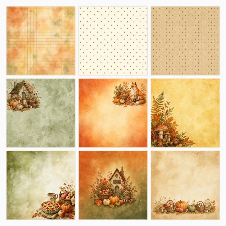 May include: A collection of nine square digital paper designs featuring autumn themes. Patterns include orange watercolor grids, cream polka dots, and tan leaf prints. Illustrations depict a cottage, a fox, pumpkins, baskets of apples, and foliage.