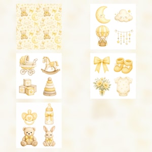 Baby Yellow Watercolor Nursery Digital Paper Pack, Teddy Bear Bunny Clipart (Digital Download) preview 6