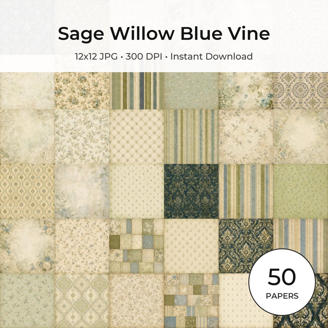 Sage Willow Blue Vine Digital Paper Pack, Vintage Botanical Scrapbook Papers (Digital Download)