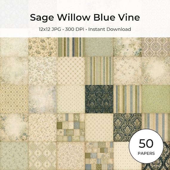 Sage Willow Blue Vine Digital Paper Pack, Vintage Botanical Scrapbook Papers (Digital Download)