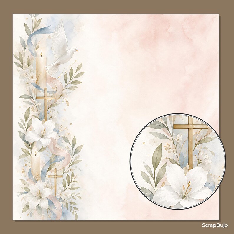Akvarell dop, första nattvard, scrapbookpapper, religiösa blommiga duvljusdesigner (12x12 JPG) bild 11