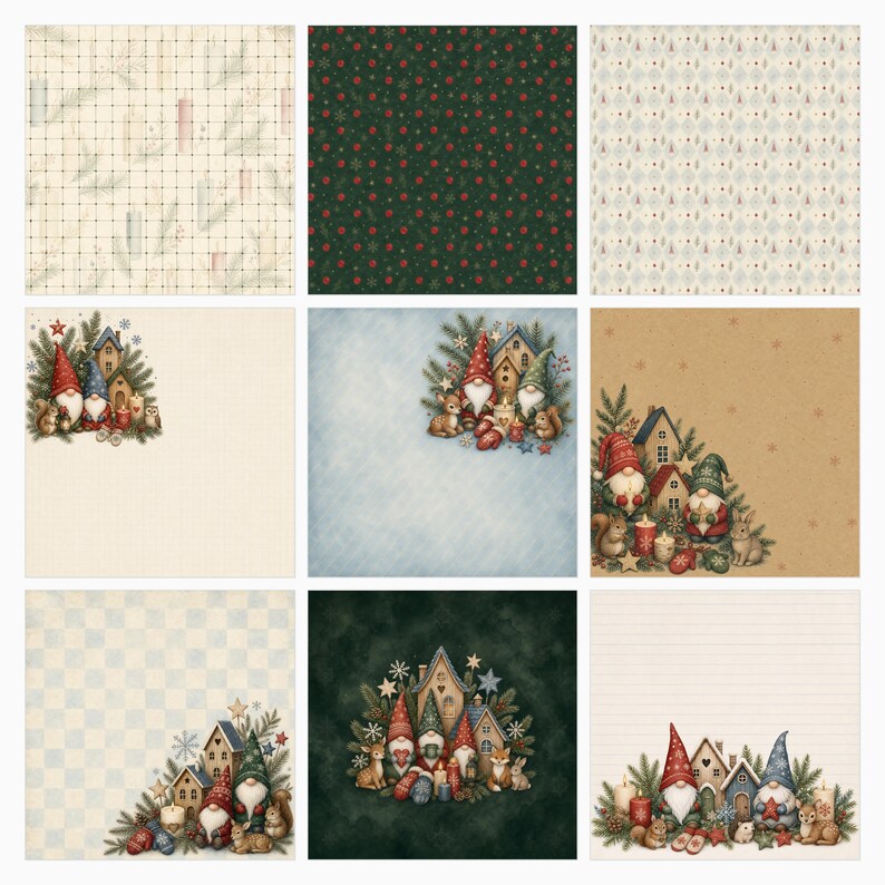 Puede incluir: Una colecci&oacute;n de nueve hojas de papel decorativo con varios patrones tem&aacute;ticos navide&ntilde;os. Los dise&ntilde;os incluyen cuadr&iacute;culas con ramas de pino, bayas rojas sobre verde oscuro, gnomos con animales del bosque, casas y velas.