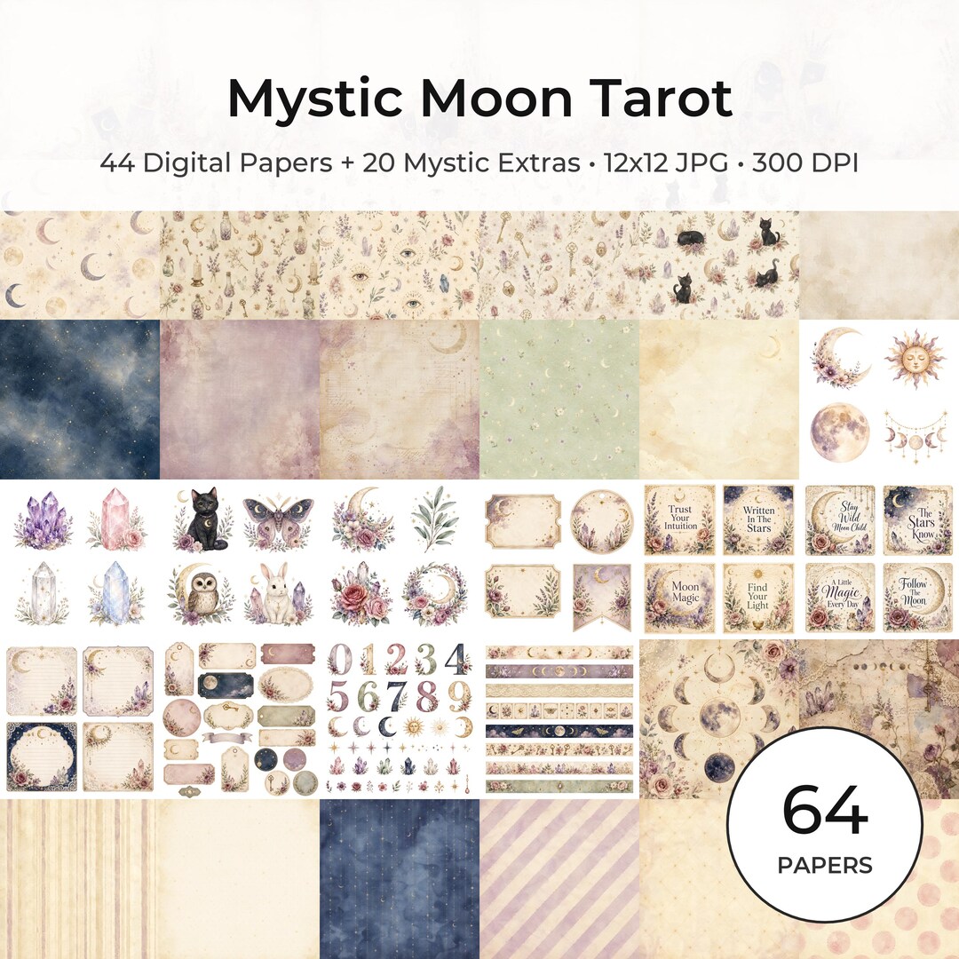 Mystic Moon Tarot Junk Journal Kit, Celestial Scrapbook Paper, Witchy Ephemera (Digital Download)