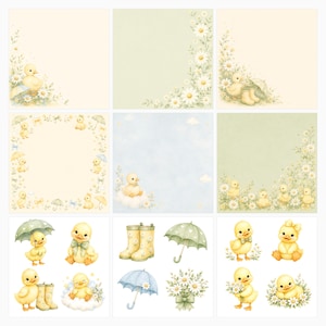 Baby Duckling Daisy Watercolor Papers, Nursery Scrapbook Journal Pages (Digital Download) preview 3