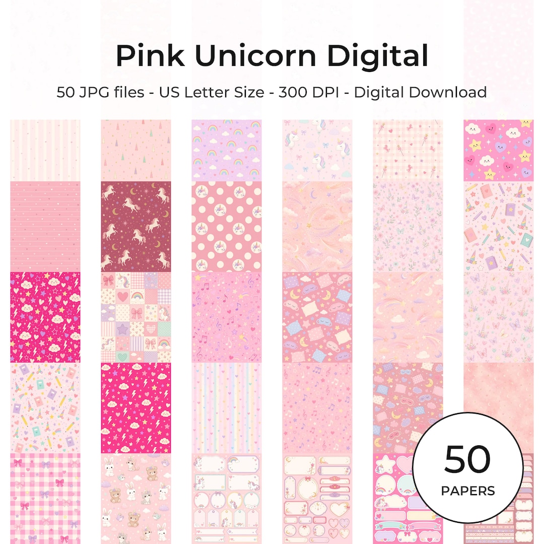 Pink Unicorn Digital Paper Pack, Kawaii Stationery, US Letter Notebook Pages (Digital Download)