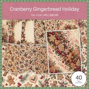 Puede incluir: Una colecci&oacute;n digital titulada Cranberry Gingerbread Holiday con 40 dise&ntilde;os PNG. Las im&aacute;genes muestran galletas de jengibre, ramas de pino, ar&aacute;ndanos, ramas de canela y rodajas de naranja seca sobre un fondo de papel vintage.