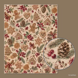 Puede incluir: Una hoja estampada con un dise&ntilde;o navide&ntilde;o repetitivo de figuras de pan de jengibre, casas, galletas en forma de estrella, pi&ntilde;as, bayas rojas, ramas de canela y rodajas de naranja seca. Un recuadro circular muestra una vista ampliada de una pi&ntilde;a.