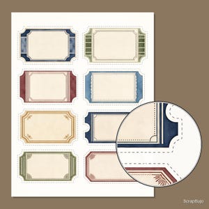 May include: A digital sheet of eight rectangular labels with decorative borders in various colors including navy blue, olive green, and maroon. Each label features a cream-colored center and a dashed cut line. A circular inset shows a magnified view.