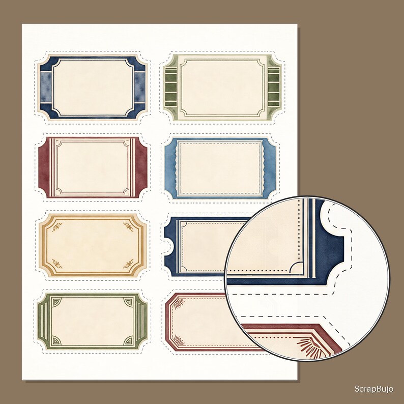 May include: A digital sheet of eight rectangular labels with decorative borders in various colors including navy blue, olive green, and maroon. Each label features a cream-colored center and a dashed cut line. A circular inset shows a magnified view.