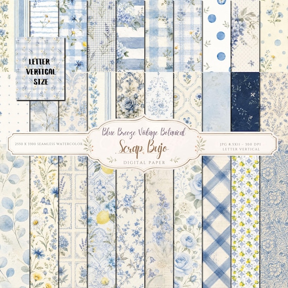 Blue Floral Digital Paper, Vintage Botanical Junk Journal Pages (8.5×11 JPG PDF)