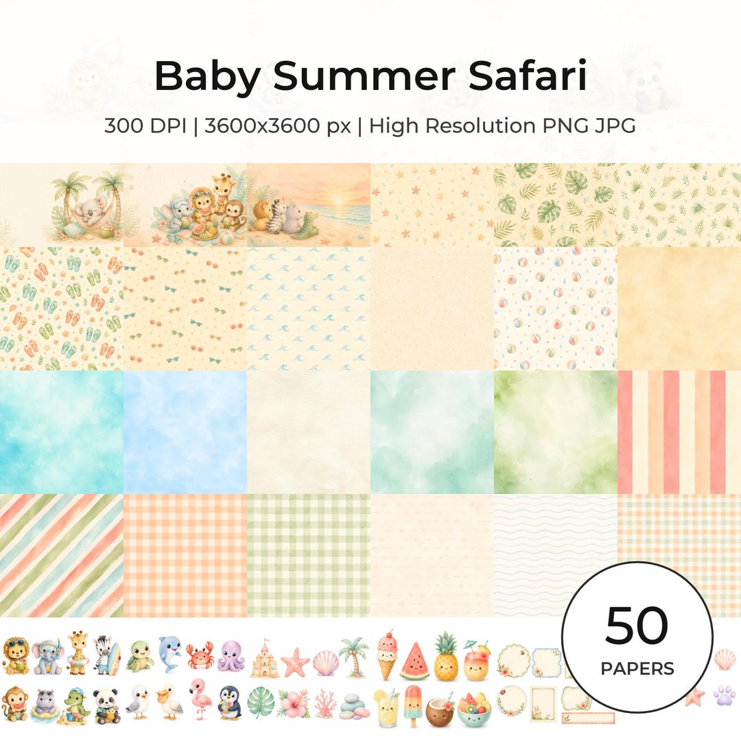 Baby Safari Scrapbook Paper Bundle | Watercolor Kawaii Animals, Beach Patterns (Digital Download)
