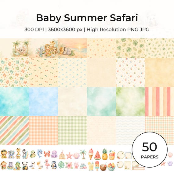 Baby Safari Scrapbook Paper Bundle | Watercolor Kawaii Animals, Beach Patterns (Digital Download)