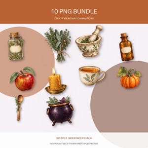 May include: A digital bundle of 10 illustrations featuring a glass jar with herbs, a bundle of rosemary and sage, a mortar and pestle, an amber bottle, a red apple, a honeycomb candle, a ceramic teacup, a pumpkin, a wooden spoon, and a cauldron.