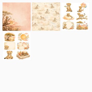 Baby Cheetah Safari Sunset Watercolor Papers, Nursery Scrapbook Bundle (Digital Download) preview 5