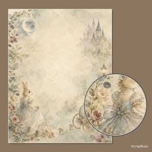 Peut inclure: Une feuille de papier &agrave; lettres rectangulaire avec une illustration &agrave; l'aquarelle d'un lapin en robe bleue, un ch&acirc;teau, un croissant de lune et des roses. Un encart circulaire montre une vue agrandie du lapin portant une robe bleue dor&eacute;e.