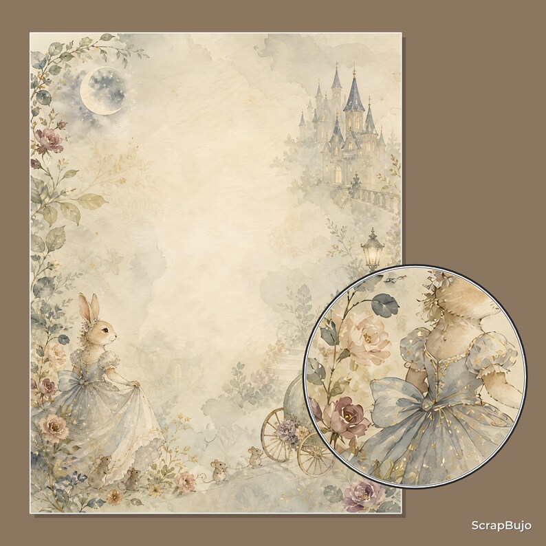 Peut inclure: Une feuille de papier &agrave; lettres rectangulaire avec une illustration &agrave; l'aquarelle d'un lapin en robe bleue, un ch&acirc;teau, un croissant de lune et des roses. Un encart circulaire montre une vue agrandie du lapin portant une robe bleue dor&eacute;e.