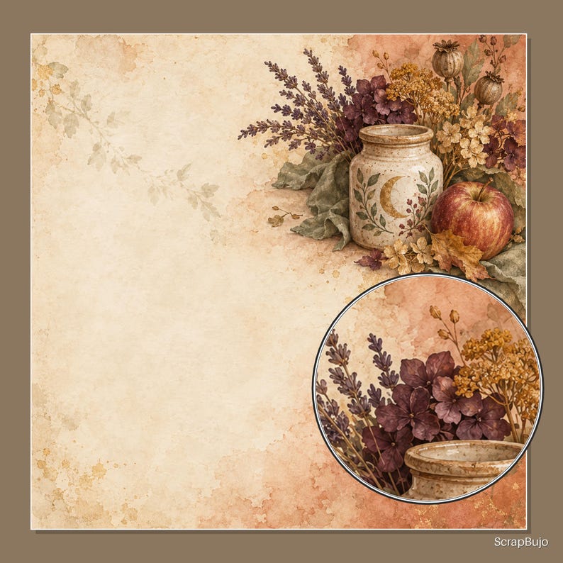 May include: A square digital paper featuring a beige watercolor background with a corner arrangement of a ceramic jar with a crescent moon design, a red apple, dried lavender, and autumn foliage, plus a circular inset showing a close-up detail.