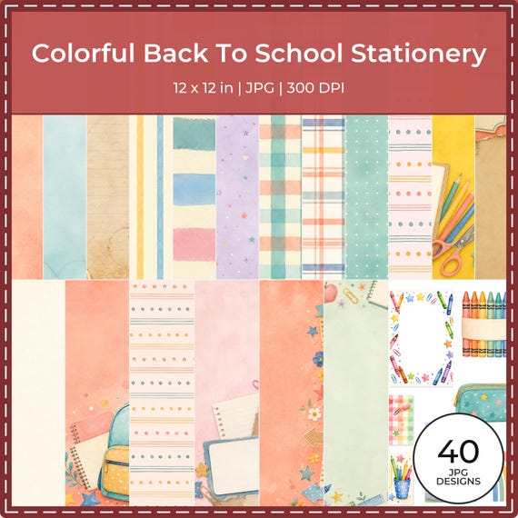 Colorful Watercolor School Scrapbook Papers, Stickers, Journal Cards (Digital Download)
