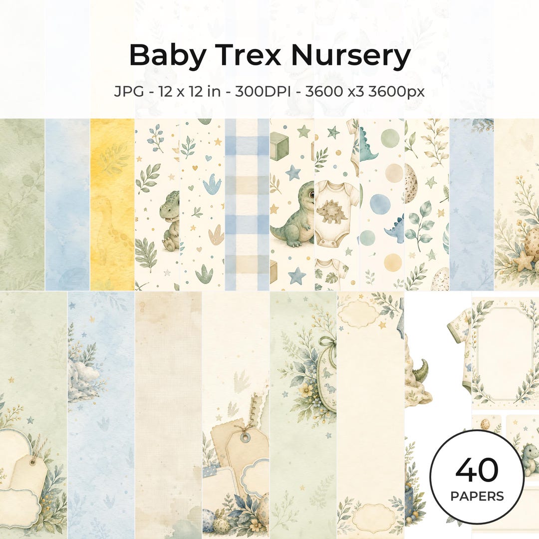 Baby T-Rex Watercolor Nursery Digital Paper Bundle (Digital Download)