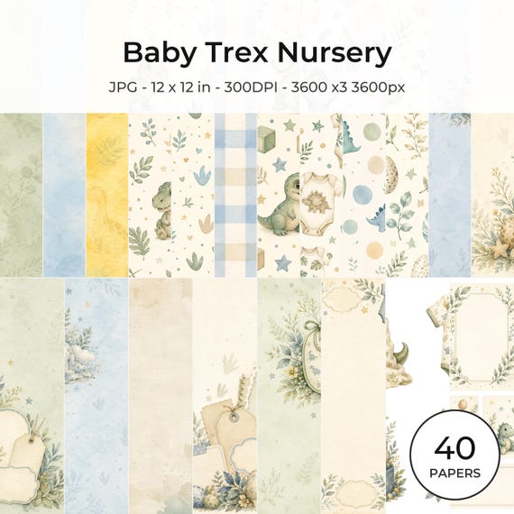 Baby T-Rex Watercolor Nursery Digital Paper Bundle (Digital Download)