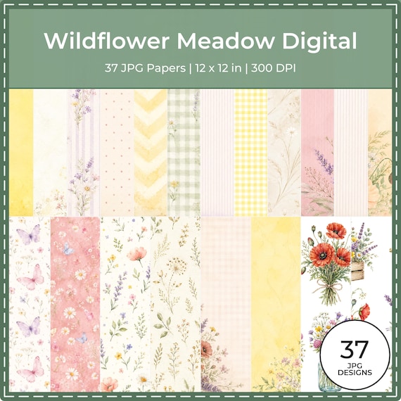 Wildflower Meadow Digital Paper Pack, Watercolor Floral Backgrounds, Cottagecore Scrapbook Papers (Digital Download)