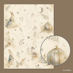 Peut inclure: Une feuille de papier d&eacute;corative avec des illustrations &agrave; l'aquarelle de lapins en v&ecirc;tements vintage, un carrosse citrouille, des croissants de lune, des &eacute;toiles et des brins floraux sur fond cr&egrave;me. Un encart circulaire montre le carrosse.