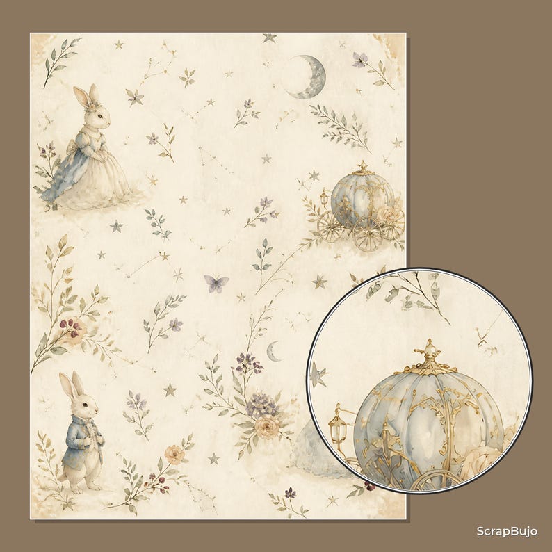 Peut inclure: Une feuille de papier d&eacute;corative avec des illustrations &agrave; l'aquarelle de lapins en v&ecirc;tements vintage, un carrosse citrouille, des croissants de lune, des &eacute;toiles et des brins floraux sur fond cr&egrave;me. Un encart circulaire montre le carrosse.