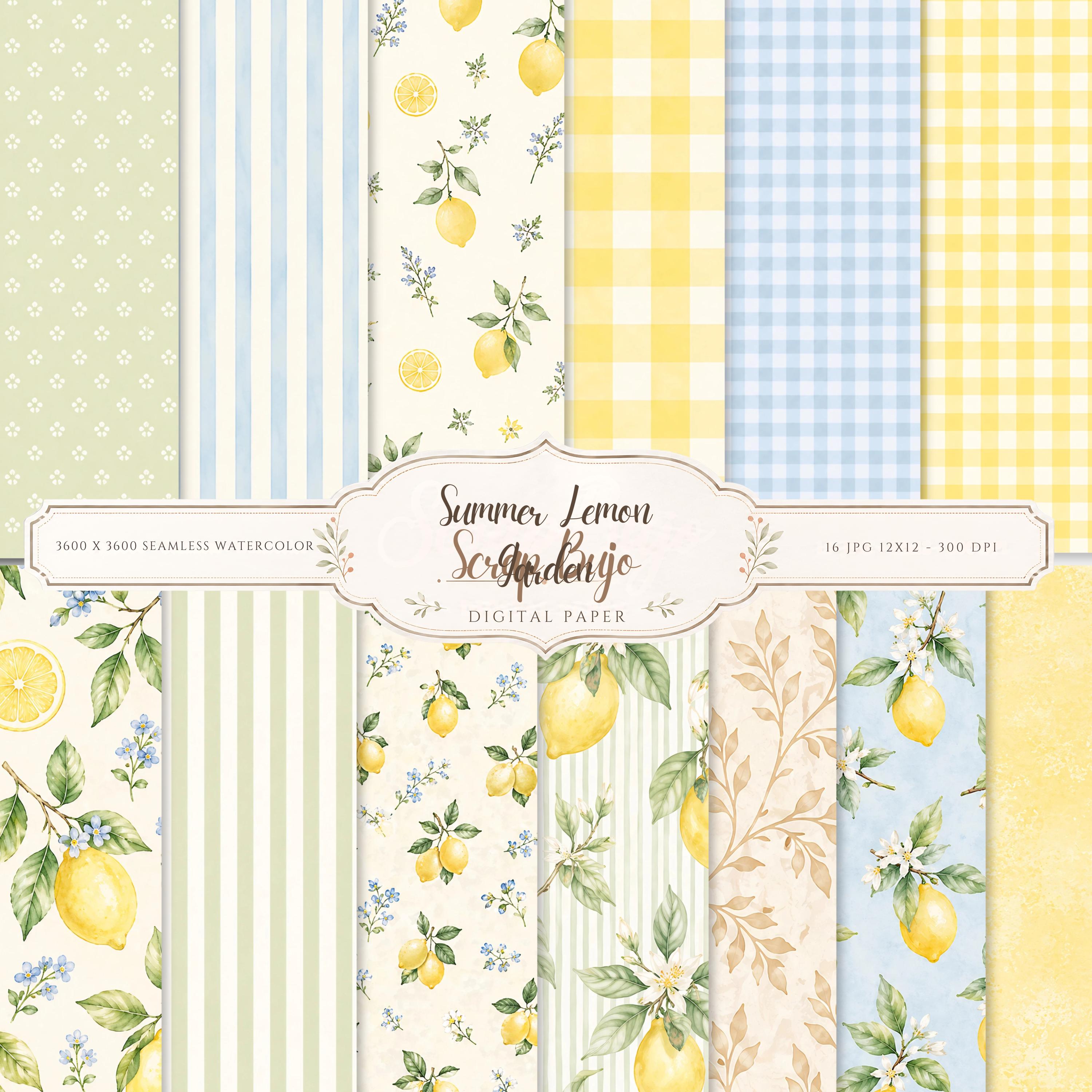 Watercolor Lemon Digital Paper Pack | Summer Citrus Scrapbook Journal Pages (12×12 PDF) paper preview 1