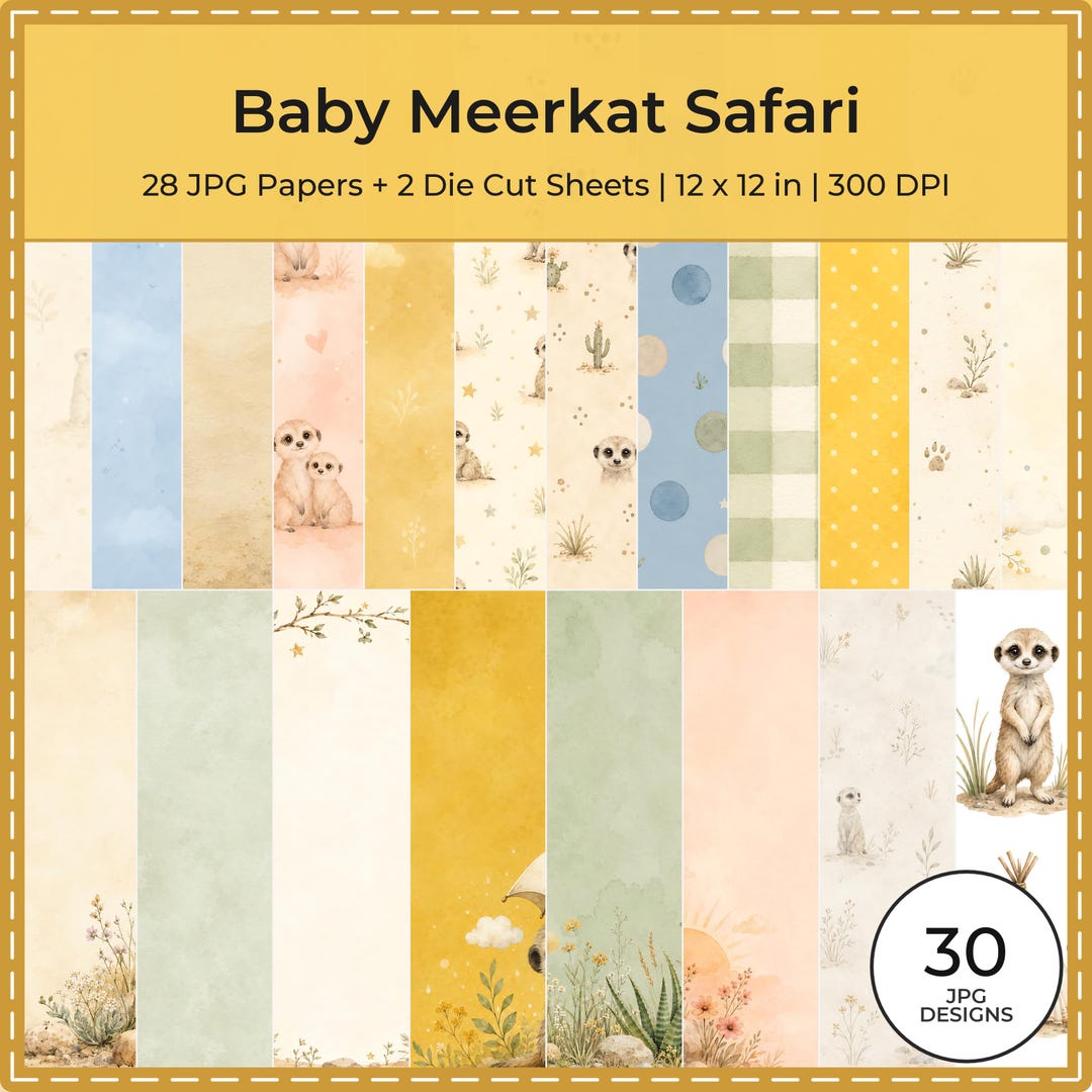 Baby Meerkat Safari Watercolor Papers, Nursery Scrapbook Bundle (Digital Download)