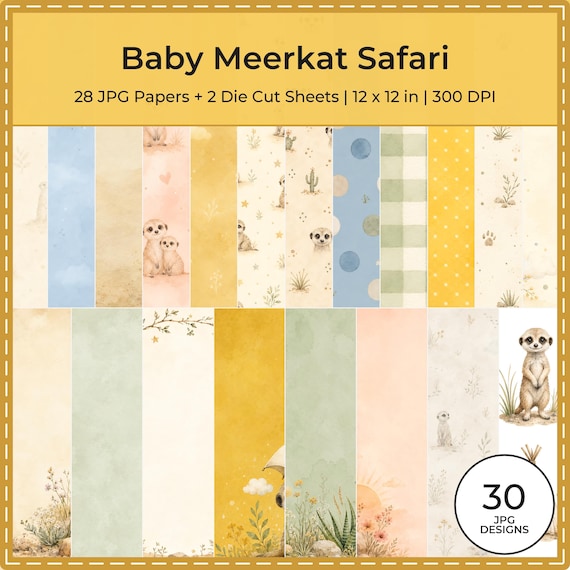 Baby Meerkat Safari Watercolor Papers, Nursery Scrapbook Bundle (Digital Download)