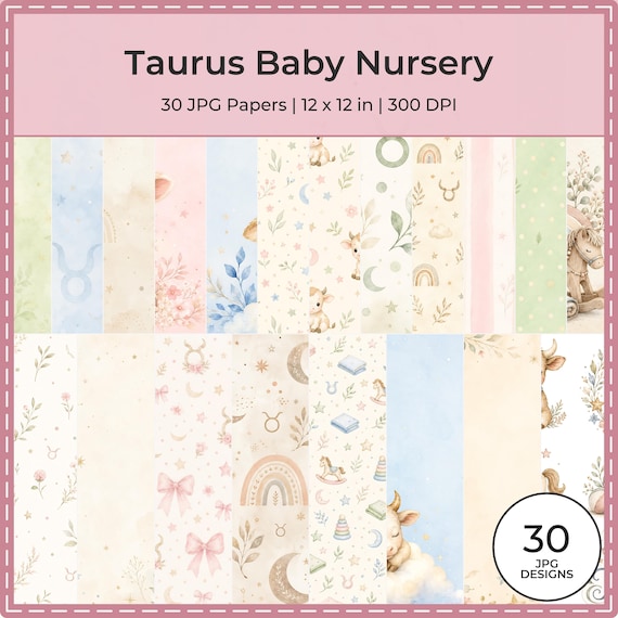 Taurus Baby Nursery Digital Paper Pack, Watercolor Calf, Zodiac Scrapbook Papers (Digital Download)