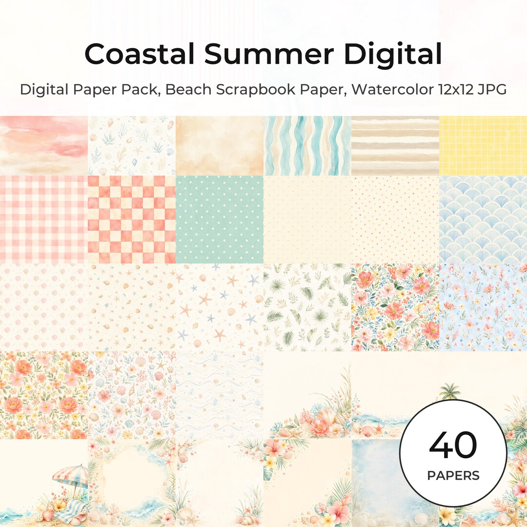 Coastal Summer Watercolor Digital Paper Pack, Beach Scrapbook Backgrounds (12×12 JPG)