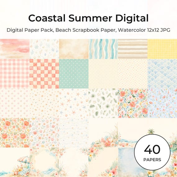 Coastal Summer Watercolor Digital Paper Pack, Beach Scrapbook Backgrounds (12×12 JPG)