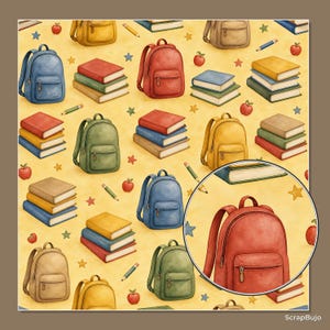 Op de afbeelding: Een herhalend patroon op een gele achtergrond met illustraties van rugzakken in blauw, rood, groen en beige, stapels boeken in diverse kleuren, rode appels, potloden en kleine sterren. Een cirkelvormige inzet toont een rode rugzak.
