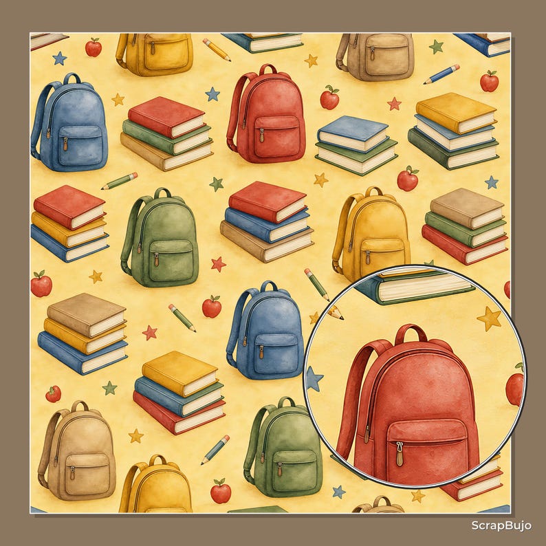 Op de afbeelding: Een herhalend patroon op een gele achtergrond met illustraties van rugzakken in blauw, rood, groen en beige, stapels boeken in diverse kleuren, rode appels, potloden en kleine sterren. Een cirkelvormige inzet toont een rode rugzak.