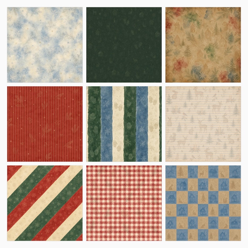 Puede incluir: Una colecci&oacute;n de nueve hojas de papel digital cuadradas con varios patrones que incluyen copos de nieve, rayas, cuadros y motivos forestales en rojo, verde, azul y beige. Los dise&ntilde;os incluyen rayas verticales, cuadr&iacute;culas y motivos invernales.