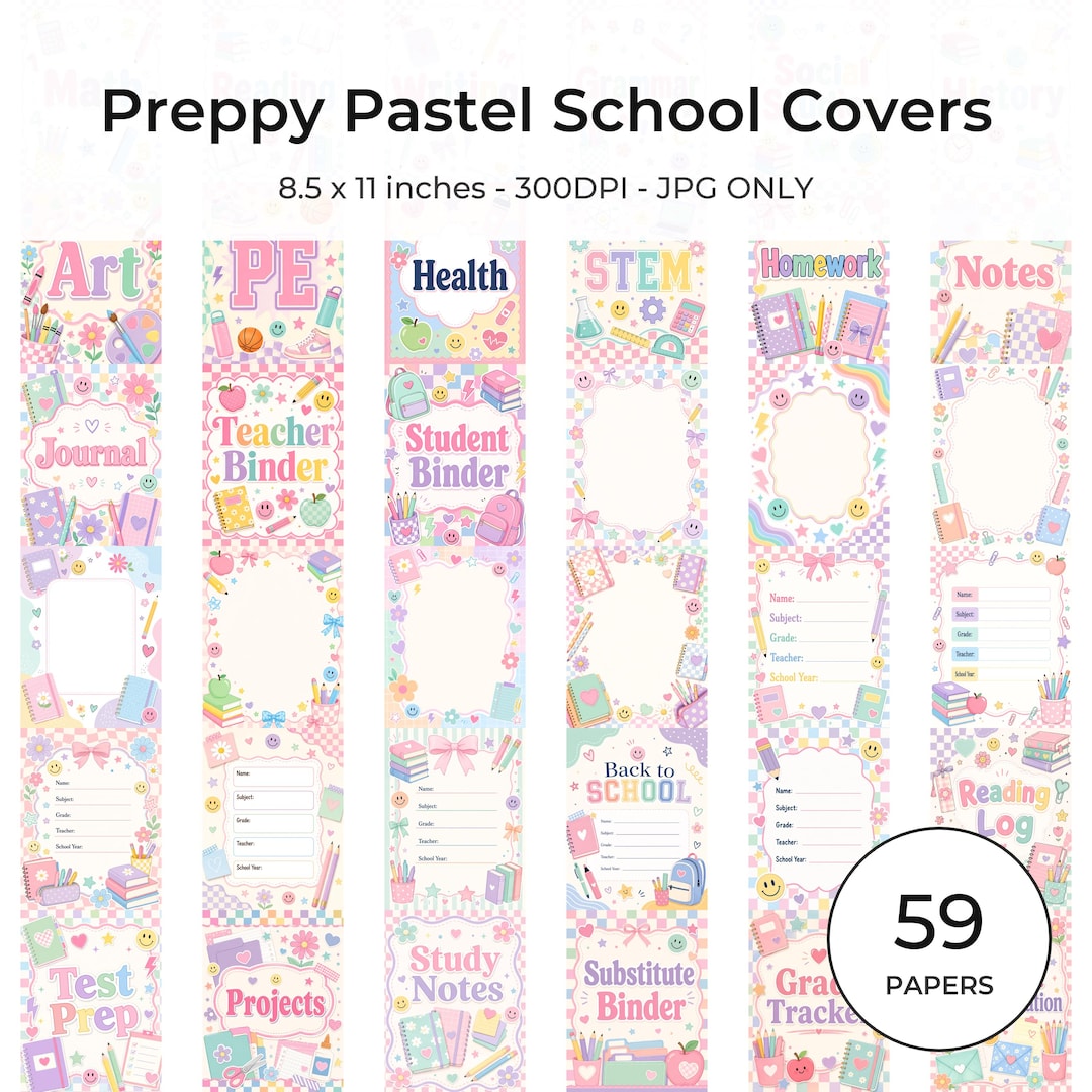 Preppy Pastel School Binder Covers, US Letter JPG, Student Teacher Notebooks