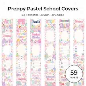 May include: A collection of 59 digital school covers featuring pastel colors and checkered patterns. The text includes Preppy Pastel School Covers, 8.5 x 11 inches, 300DPI, JPG ONLY, Art, PE, Health, STEM, Homework, Notes, Journal, Teacher Binder, Student Binder, Back to School, Test Prep, Projects, Study Notes, Substitute Binder, Reading Log, and Grade Tracker.