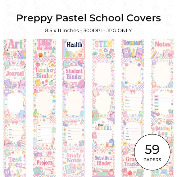 Preppy Pastel School Binder Covers, US Letter JPG, Student Teacher Notebooks