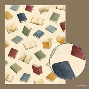 May include: A repeating pattern of watercolor-style books in shades of blue, green, red, and yellow on a cream background. Some books are closed, while others are open to show pages. A circular magnifying glass overlay shows a close-up of two books.